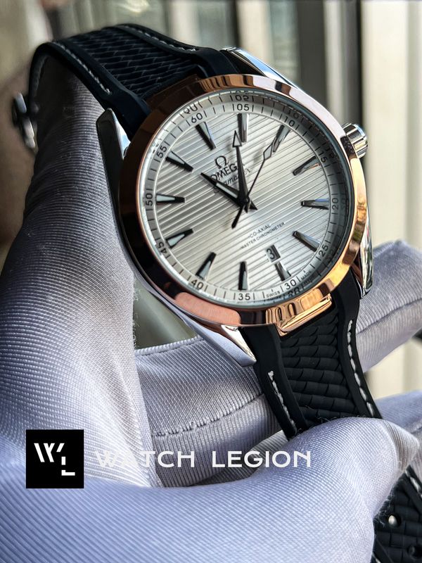 OMEGA SEAMASTER BLACK BELT SILVER DIAL ROSE GOLD BELT