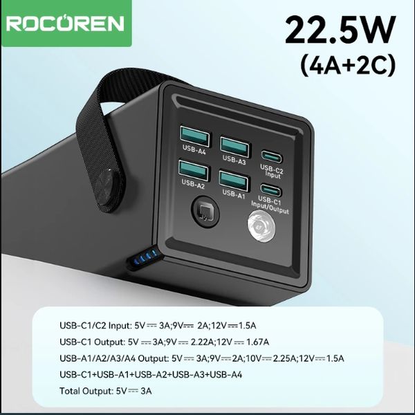 Rocoren 50,000mAh 22.5W Power Bank With Fast Charging 6 Ports USB + Type-C Powerbank With Flashlight