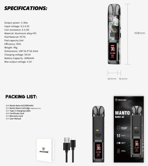 Vape Rincoe Manto Nano A2 Pod System Kit 1000mAh 2ml new (60ml Flavour Juice free)
