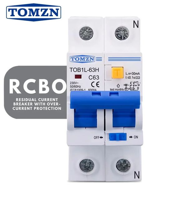 TOMZN RCBO TOB1L-63H 2P 63A 230V AC 50Hz/60Hz Residual Current Circuit breaker with over current and Leakage protection RCBO .