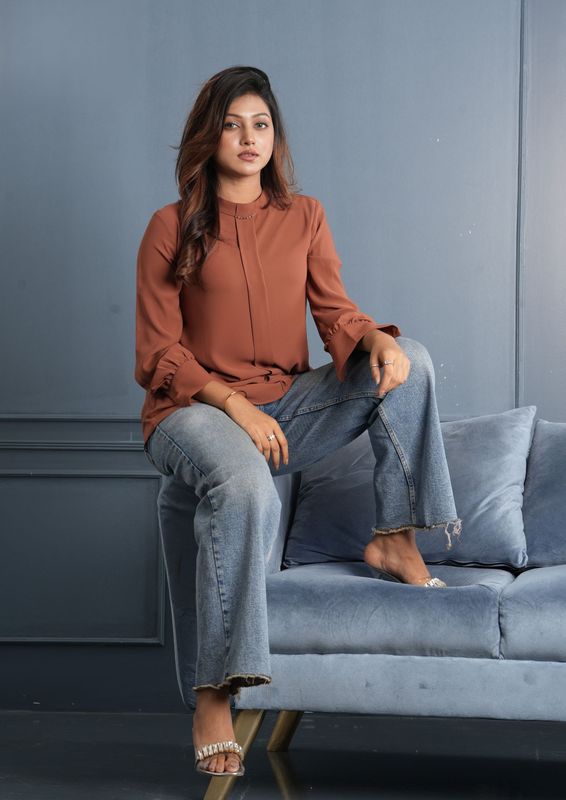 Rust Pleated Long Sleeve Top