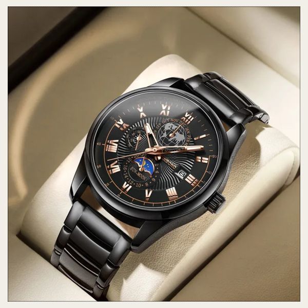 BINBOND B3982 New Style Silver Men Quartz Watch Authentic Stainless Steel Band Water Proof Date Display Dials Decoration Watch