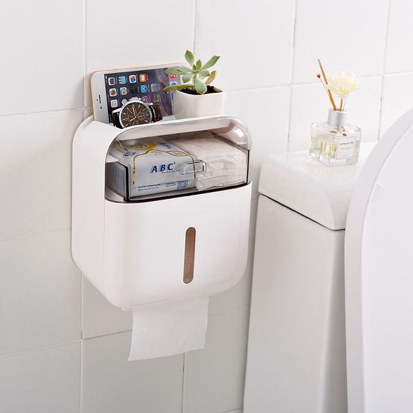 Wall-Mounted Bathroom Tissue Paper Holder with phone shelf Multifunction Tissue Box
