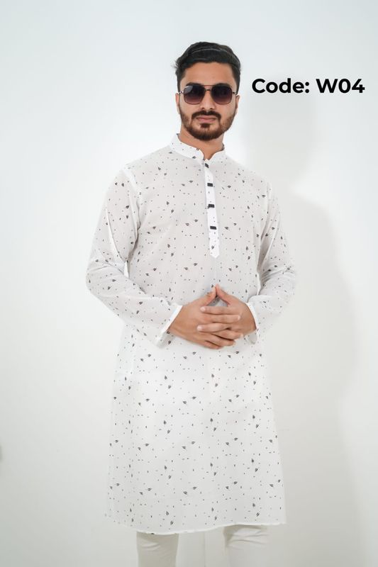 প্রিমিয়াম ধুতি কটন কাপড়ের পাঞ্জাবি/কালো পাতা প্রিন্ট