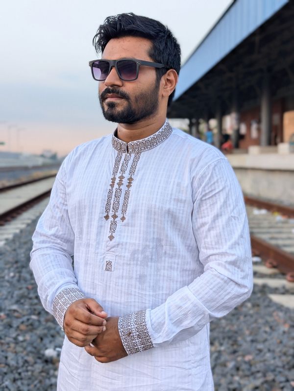 Premium Elite embroidered cuff style white panjabi