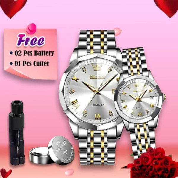 Butter Fly Lock Olievs Stainless Steel fashionable Couple watches +1pcs chain cutter+ 2 pcs battery (Full Silver )