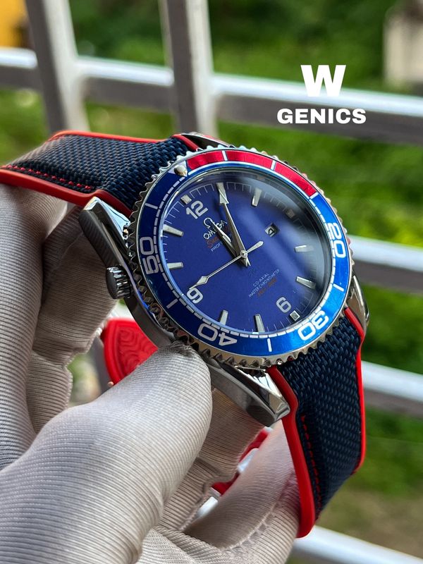 Omega Seamaster 500 Blue Dial Silver Case Red/Black Fiber Belt AA Grade
