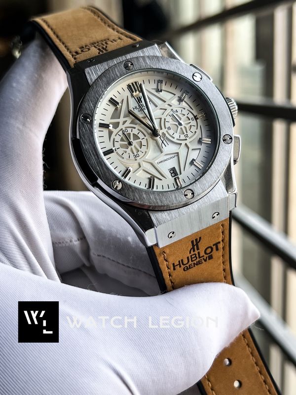 HUBLOT BELT SPIDER WHITE DIAL SILVER CASE MUSTARD BELT VELVET TEXTURE