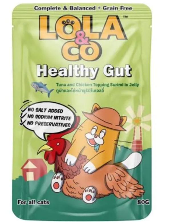 Lola & Co HEALTHY GUT Pouch Cat Food Tuna & Chicken Topping Surimi in Jelly for All Cats 80gm
