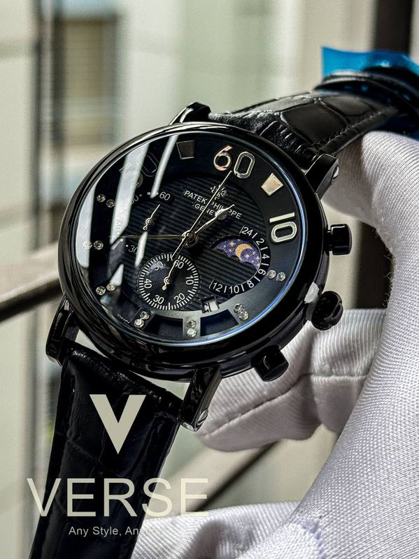 patek tri digit black case black belt black dial