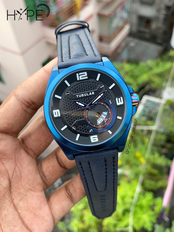 Tubular leather belt Quartz (Blue)