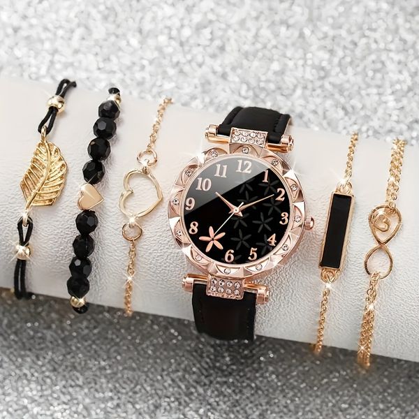 6pcs/set Women's Watch Casual Flower Quartz Watch Analog PU Leather