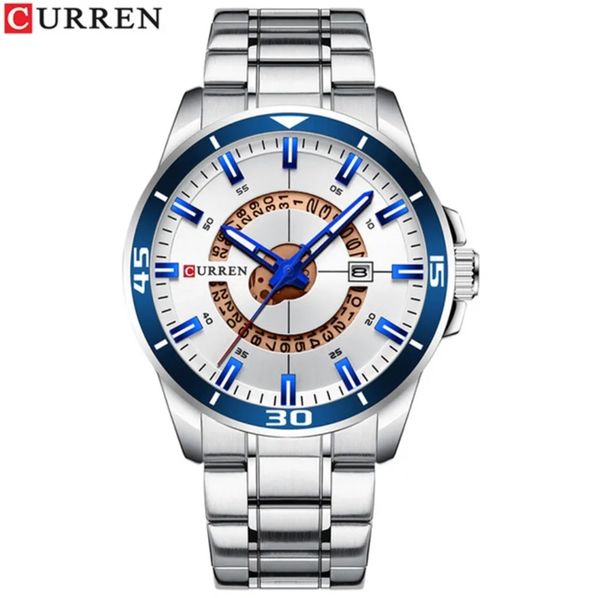 Curren 8359 Gents Chain Watch- Silver with Blue Markings Dial- Blue Bezel- Silver Chain- TF Code CR551CM