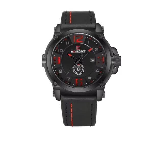 Naviforce 9099 Gents Belt Watch- Black Dial with Red Markings- Black Bezel- Black Belt (Red Stitch)- TF Code NF405BM