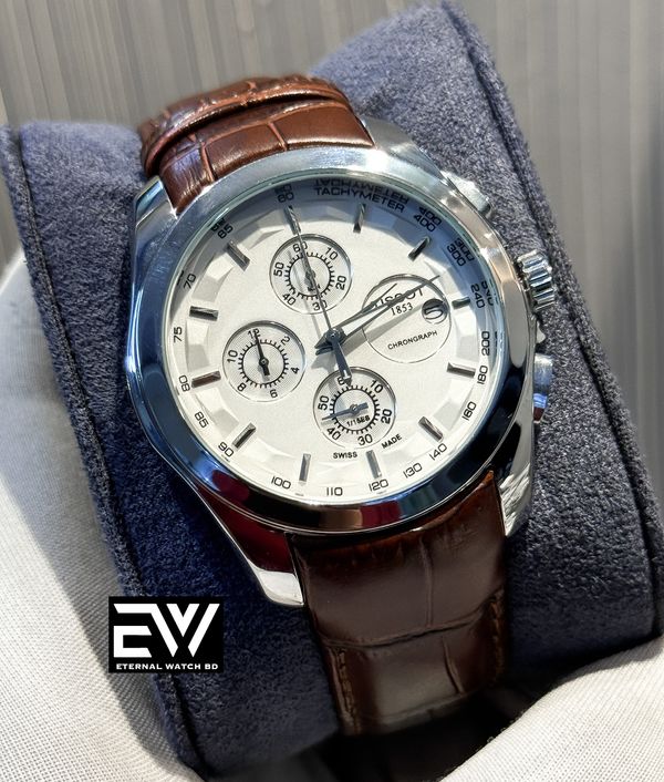 TISSOT CHONO BROWN BELT WHITE DIAL SILVER CASE