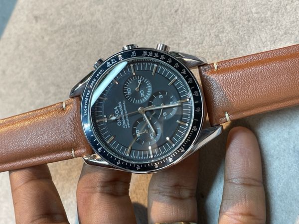 omega chronograph black dial light brown belt aa