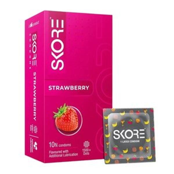 Skore Strawberry 1500+ Dotted with Extra Lubrication Condom - 10Pcs Pack